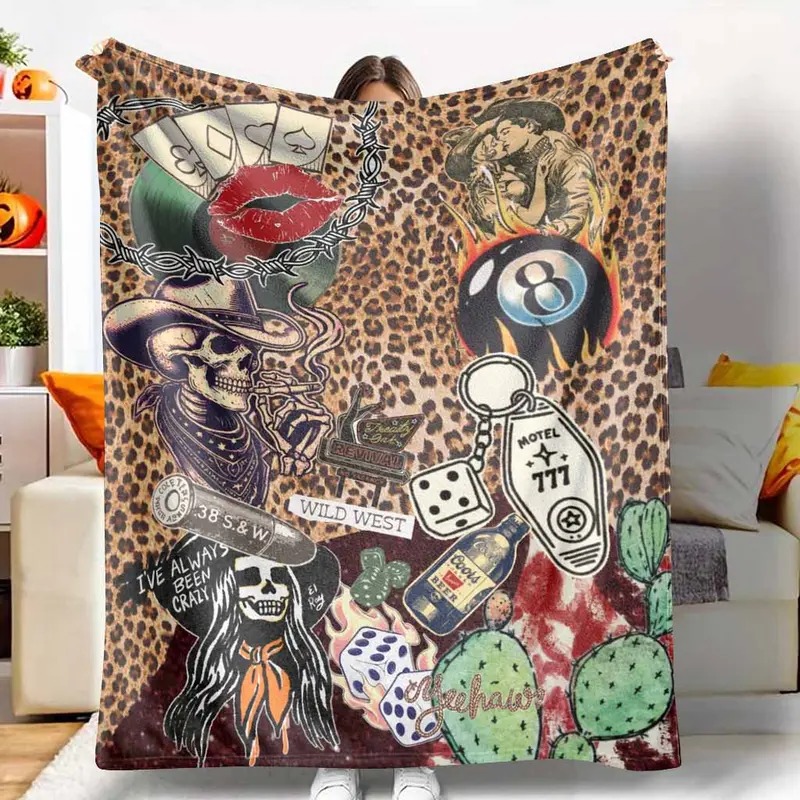 Vintage Western Cowboy Skull Leopard Print Flannel Throw Blanket Lightweight Home Decor