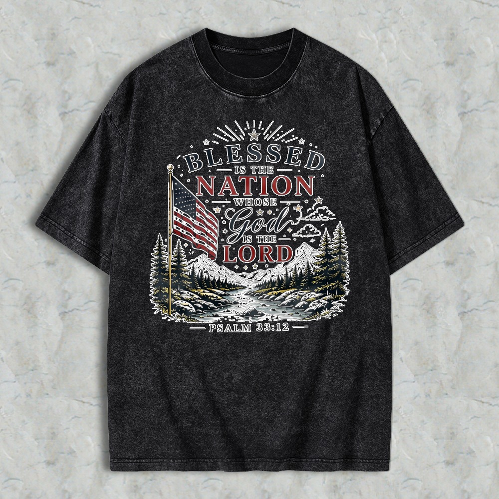 Blessed Is The Nation Whose God Is The Lord Psalm 3312 American Flag Mountain Landscape Washed T-shirt