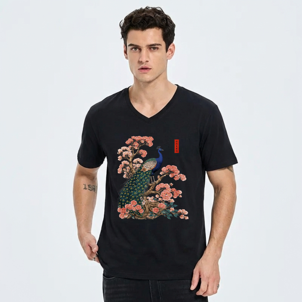 Peacock And Cherry Blossom Art T Shirt Men Women Fashion Casual Top