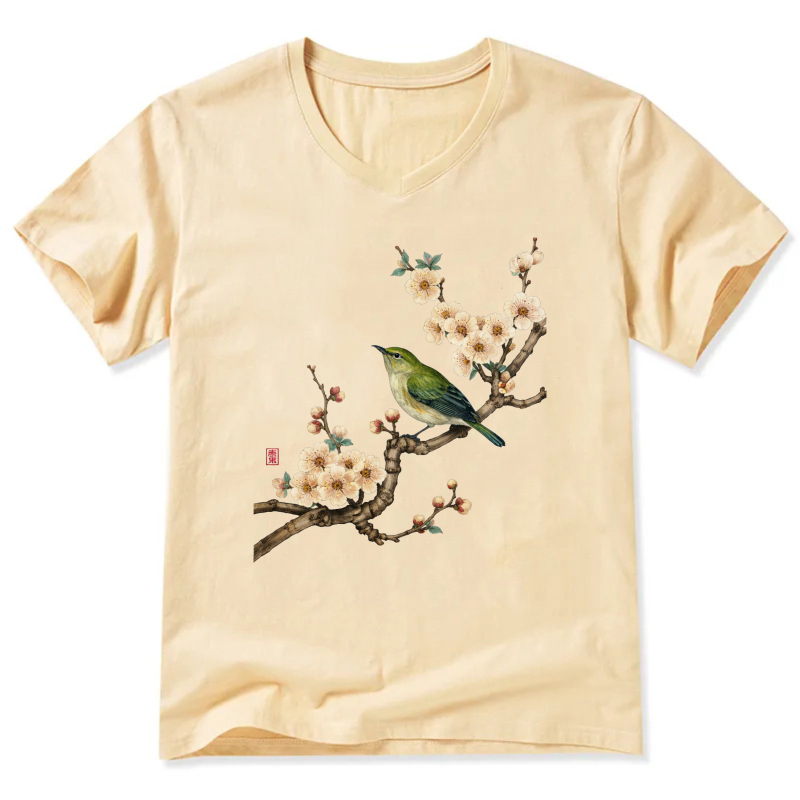 Bird And Plum Blossom Art Print T Shirt For Men Women Black Casual Top
