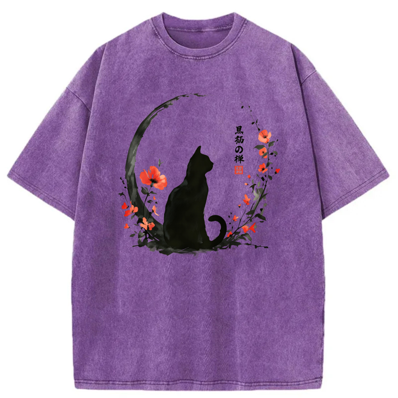 Cat Moon Flower Japanese Calligraphy tshirt 100% cotton