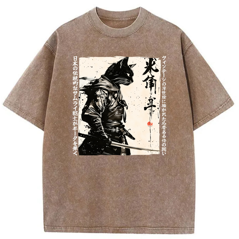 Samurai Cat With Sword And Japanese Text tshirt 100% cotton