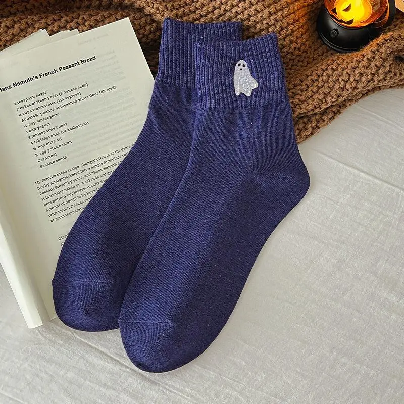 Multicolor Cartoonish Pumpkin Ghost Mid-Calf Knit Socks - Fitted Soft Stretch Warm Fall Winter Essentials, Cozy Halloween Stuff for Women Everyday Wear & Gifts