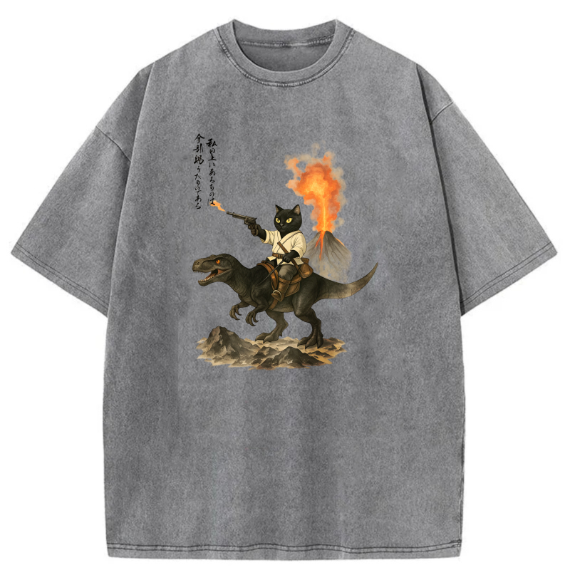 Cat Riding Dinosaur With Volcano Background tshirt 100% cotton