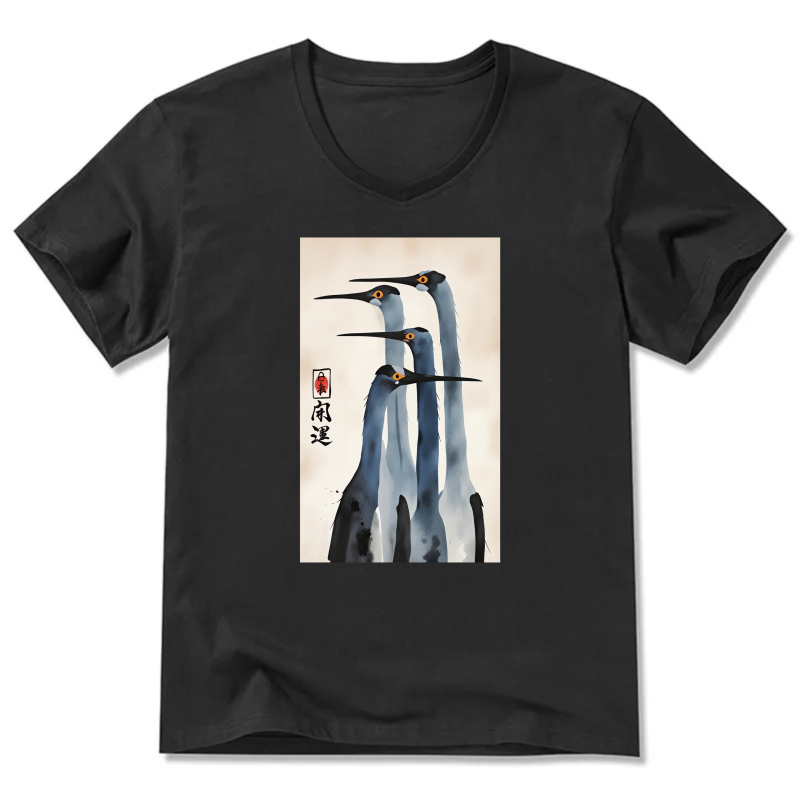 Japanese Crane Art Print T Shirt Men Women Black V Neck Casual Top