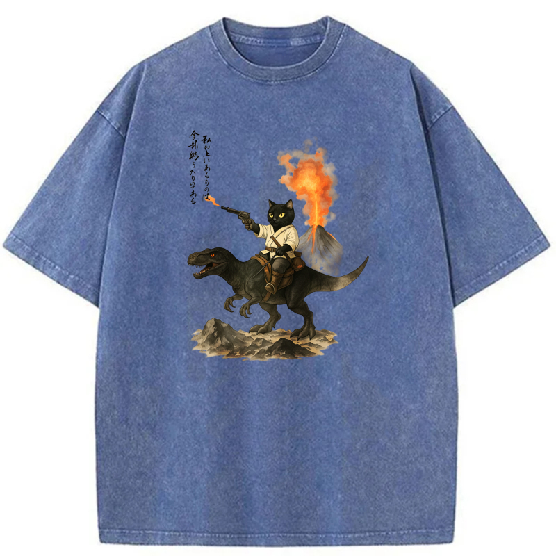 Cat Riding Dinosaur With Volcano Background tshirt 100% cotton