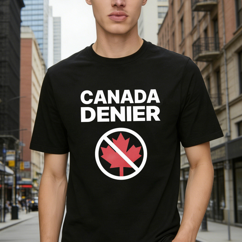 Canada Denier Text With Prohibited Red Maple Leaf Graphic T-shirt