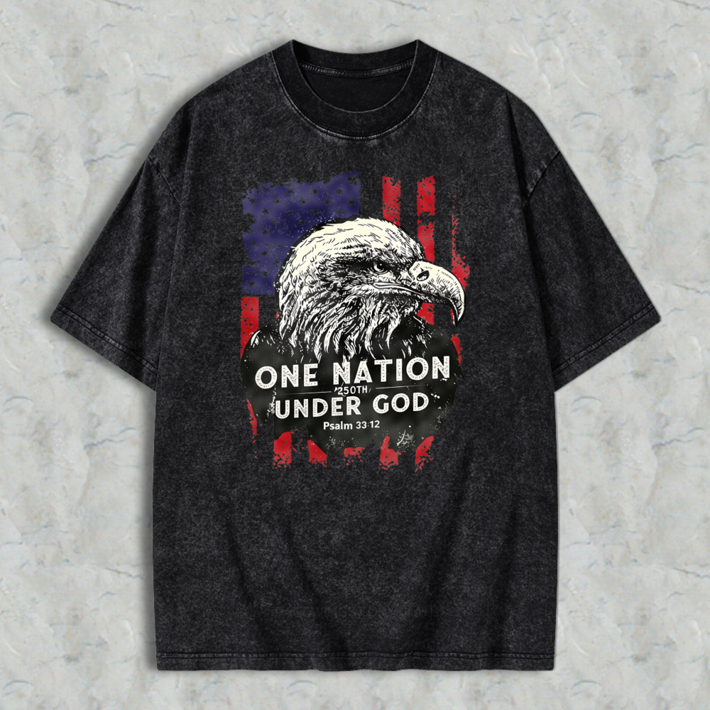 Eagle And American Flag With One Nation Under God Text Washed T-shirt