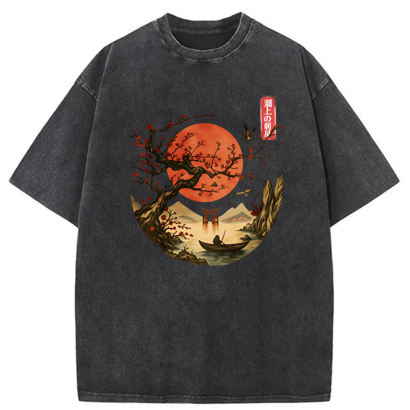 Red Moon Cherry Tree Boat Mountain Torii Bird tshirt 100% cotton