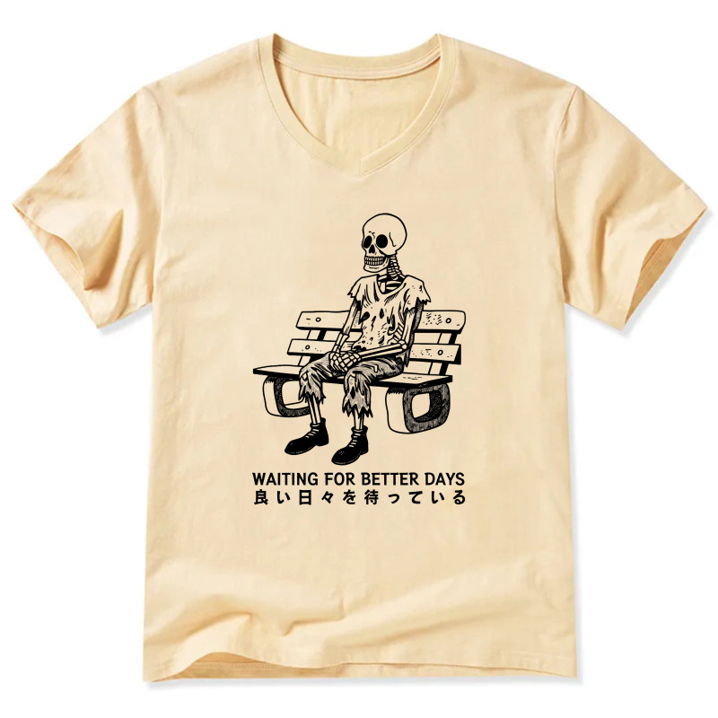 Waiting For Better Days Skeleton On Bench T Shirt Men Women Graphic Tee