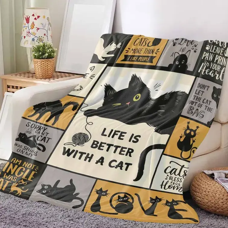 Life is Better with a Cat Fleece Throw Blanket - Cute Black Cat Patchwork Flannel Blanket for Bed & Couch, Cozy Gift for Cat Lovers