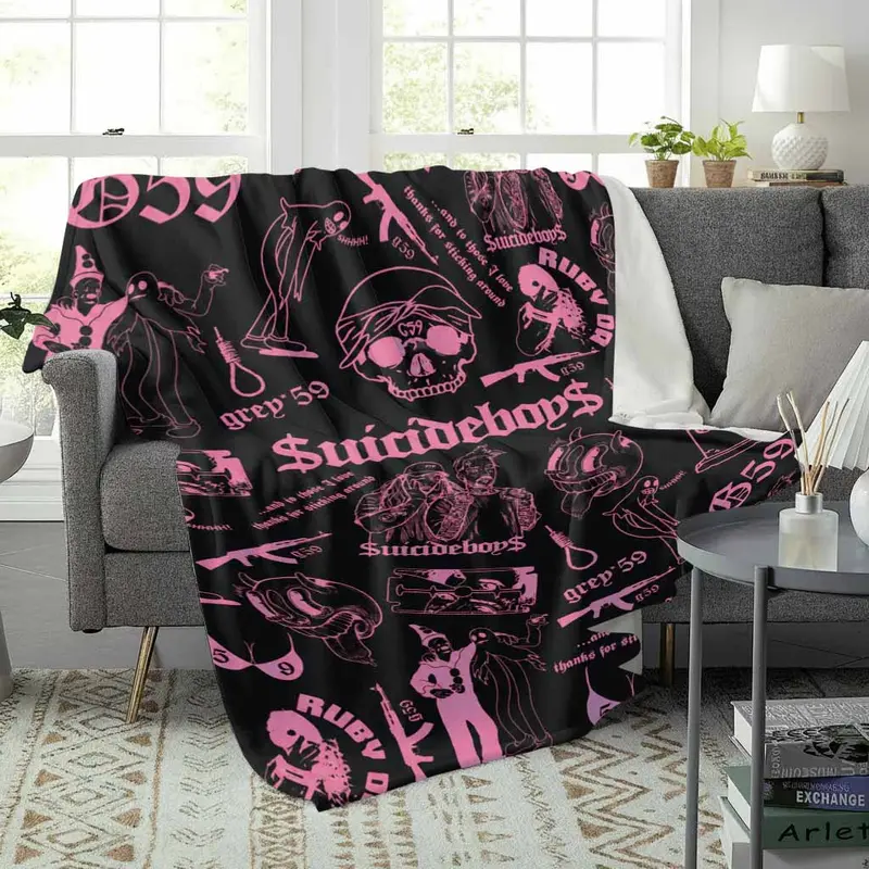 $uicideboy$ G59 Gothic Graphic Flannel Blanket - Pink Skull Print Soft Throw for Sofa Bed, Dark Aesthetic Hip Hop Fan Gift