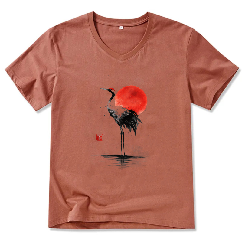 Black Crane And Red Sun Art T Shirt Men Women Unisex V Neck Casual Wear