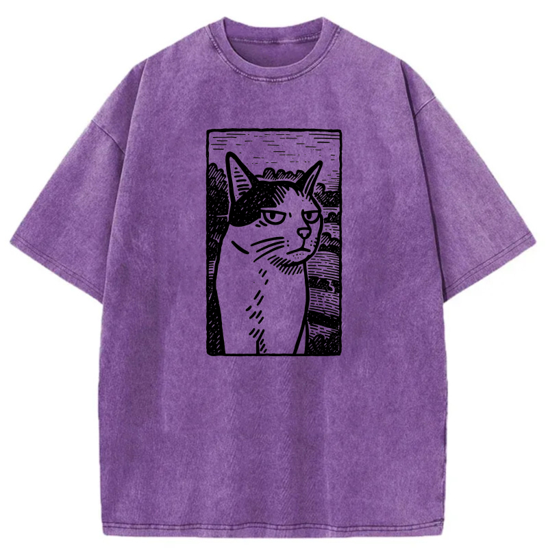 Cat Portrait In White Line Art Style tshirt 100% cotton