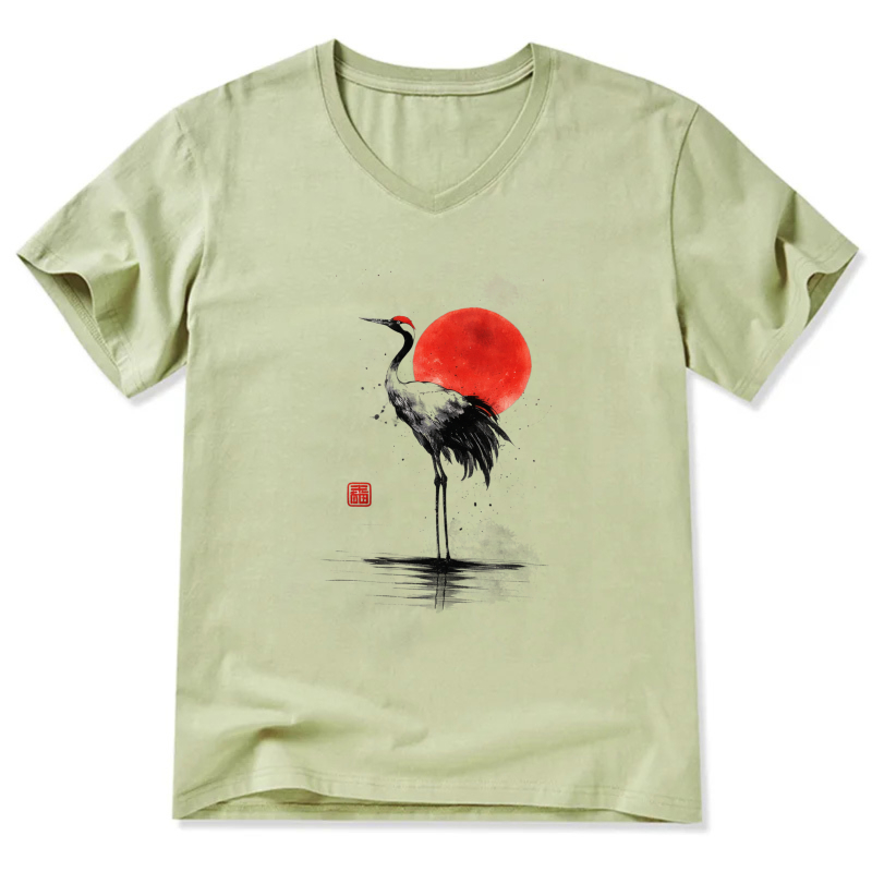 Black Crane And Red Sun Art T Shirt Men Women Unisex V Neck Casual Wear