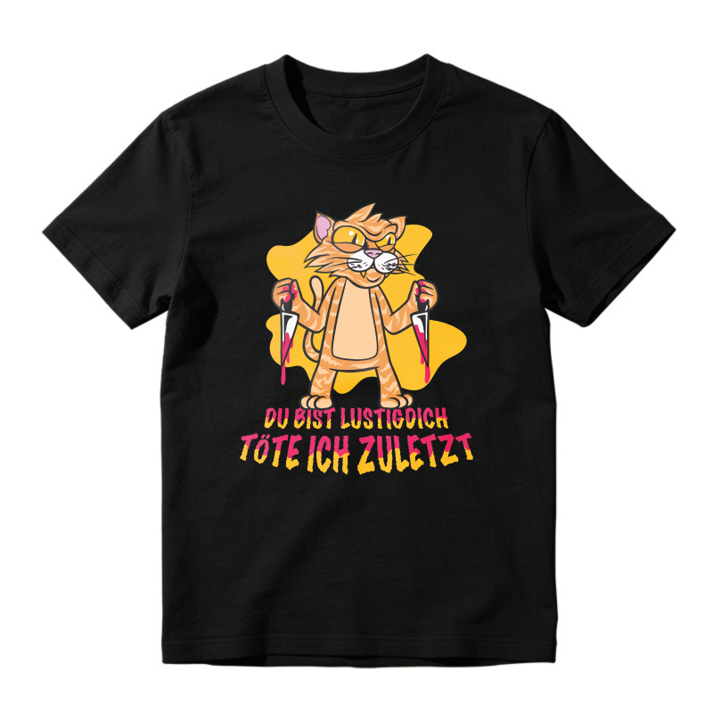 Funny Cartoon Orange Cat Holding Knives, German Quote Humor Graphic, Unisex Classic T-shirt