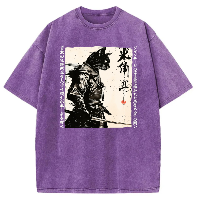 Samurai Cat With Sword And Japanese Text tshirt 100% cotton