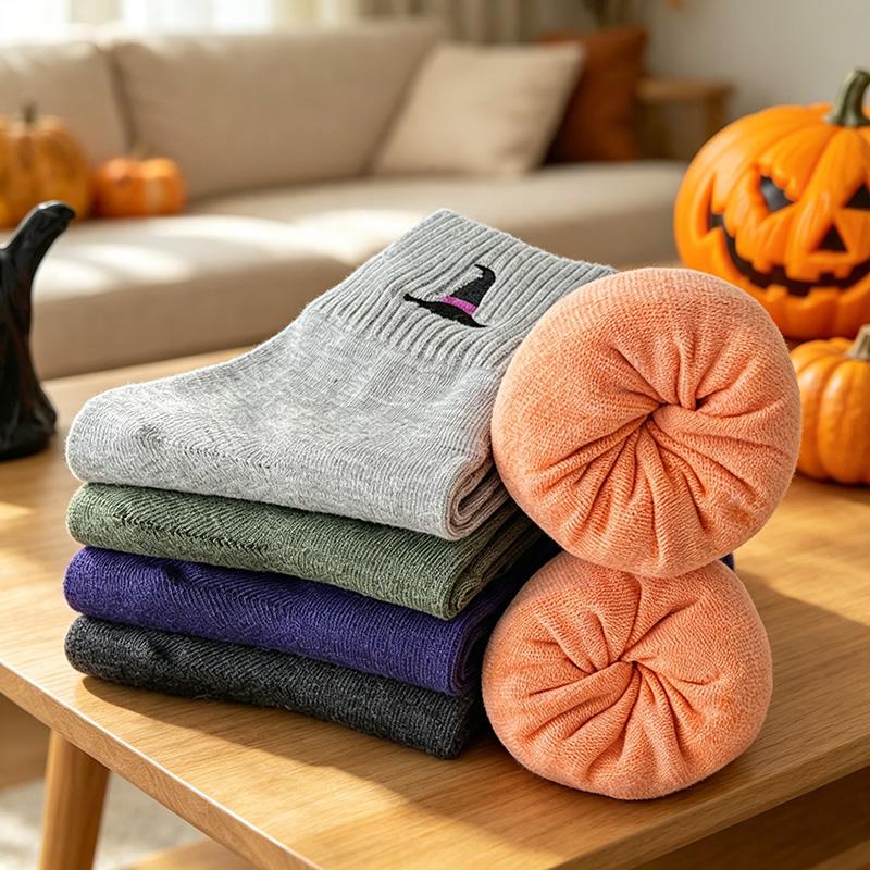 Women's Viral Cute Halloween Crew Socks Set (5 Pairs) - Multicolor Cartoonish Pumpkin Ghost Mid-Calf Knit Socks, Fitted Soft Stretch Warm Fall Winter Essentials, Halloween Stuff for Women for Everyday Wear & Gifts
