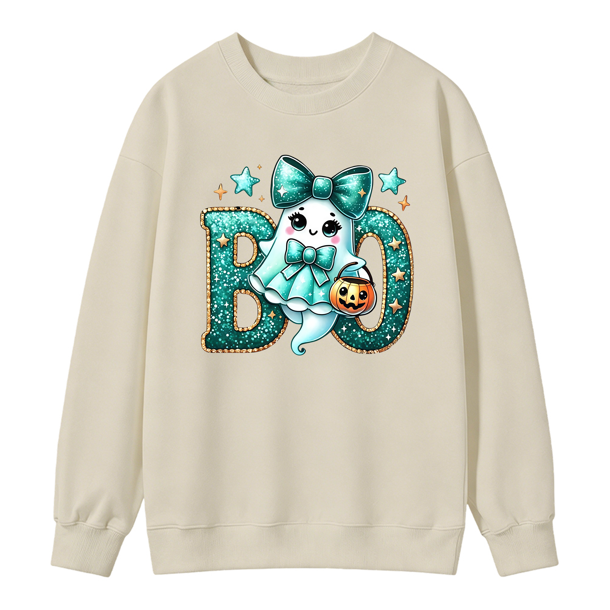 Glitter Teal Ghost with Bow Halloween Sweatshirt