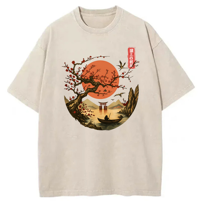 Red Moon Cherry Tree Boat Mountain Torii Bird tshirt 100% cotton