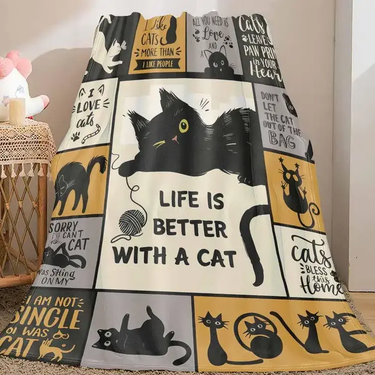 Life is Better with a Cat Fleece Throw Blanket - Cute Black Cat Patchwork Flannel Blanket for Bed & Couch, Cozy Gift for Cat Lovers