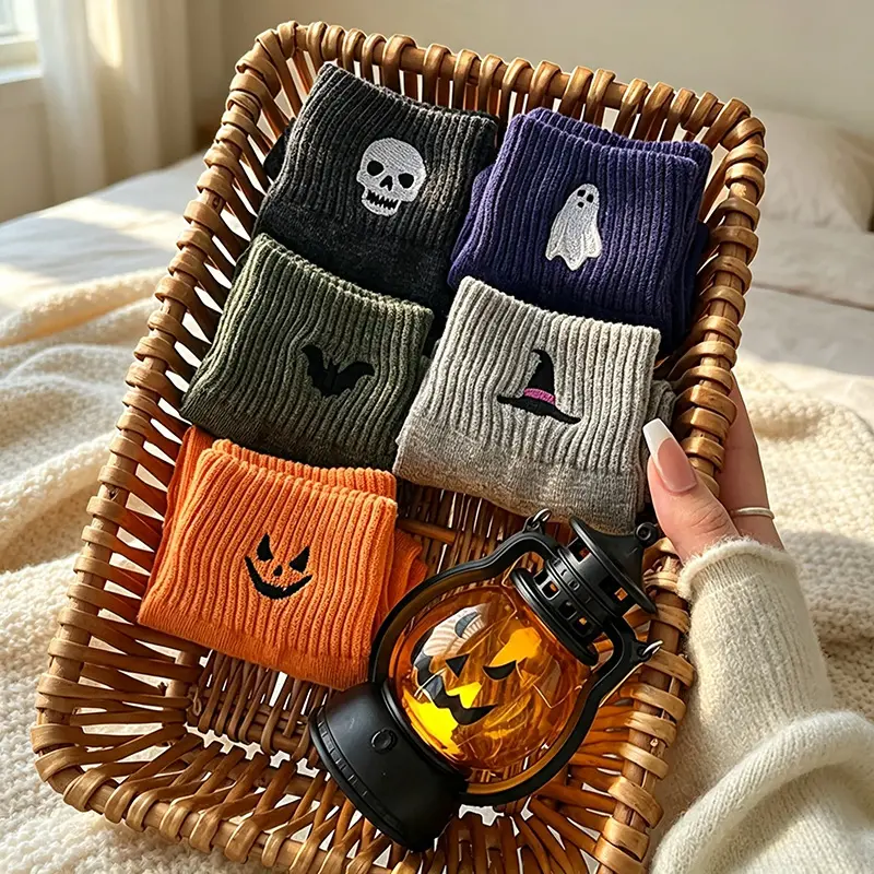 Multicolor Cartoonish Pumpkin Ghost Mid-Calf Knit Socks - Fitted Soft Stretch Warm Fall Winter Essentials, Cozy Halloween Stuff for Women Everyday Wear & Gifts
