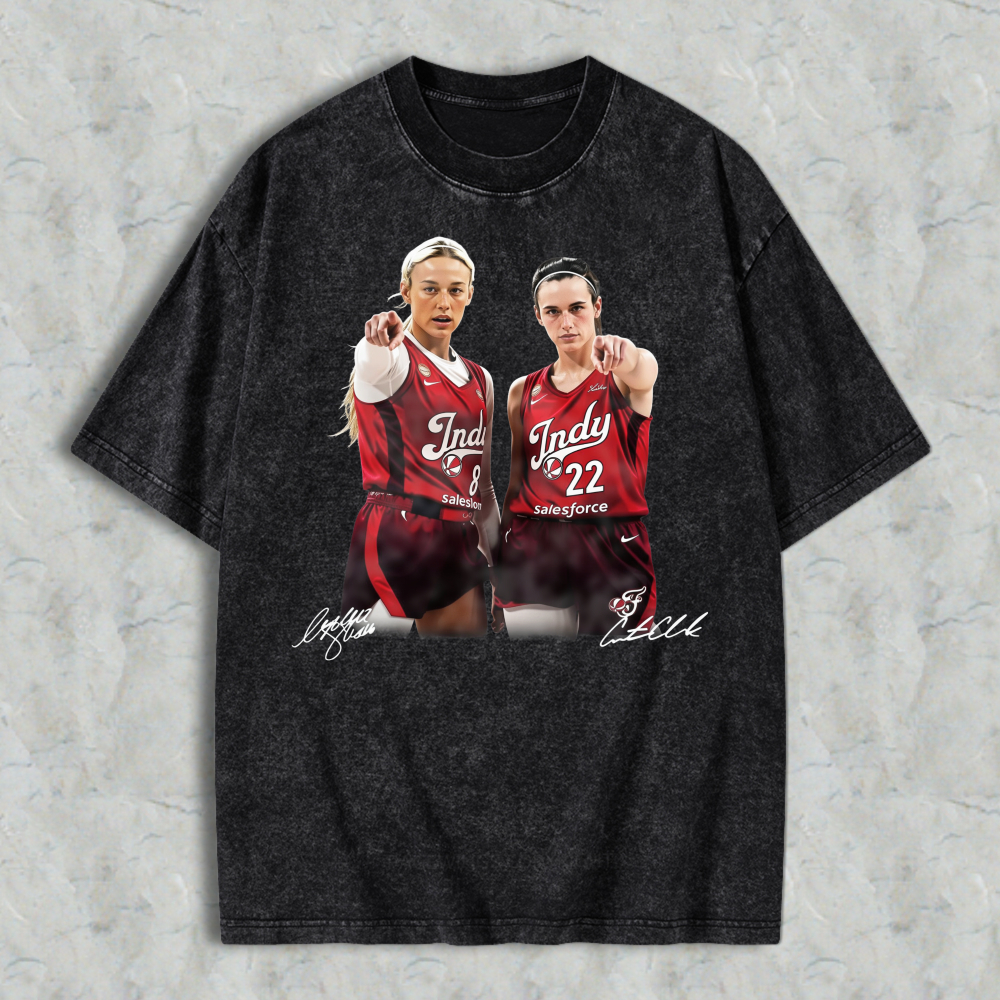 Indy Fever Basketball Players Caitlin Clark And Kelsey Mitchell Signatures Unisex Washed T-shirt