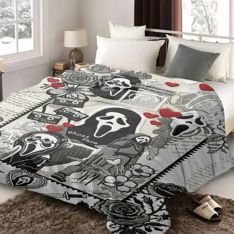 Ghost Face Roses Floral Cassette Embroidery Flannel Throw Blanket - Soft, Warm, Lightweight