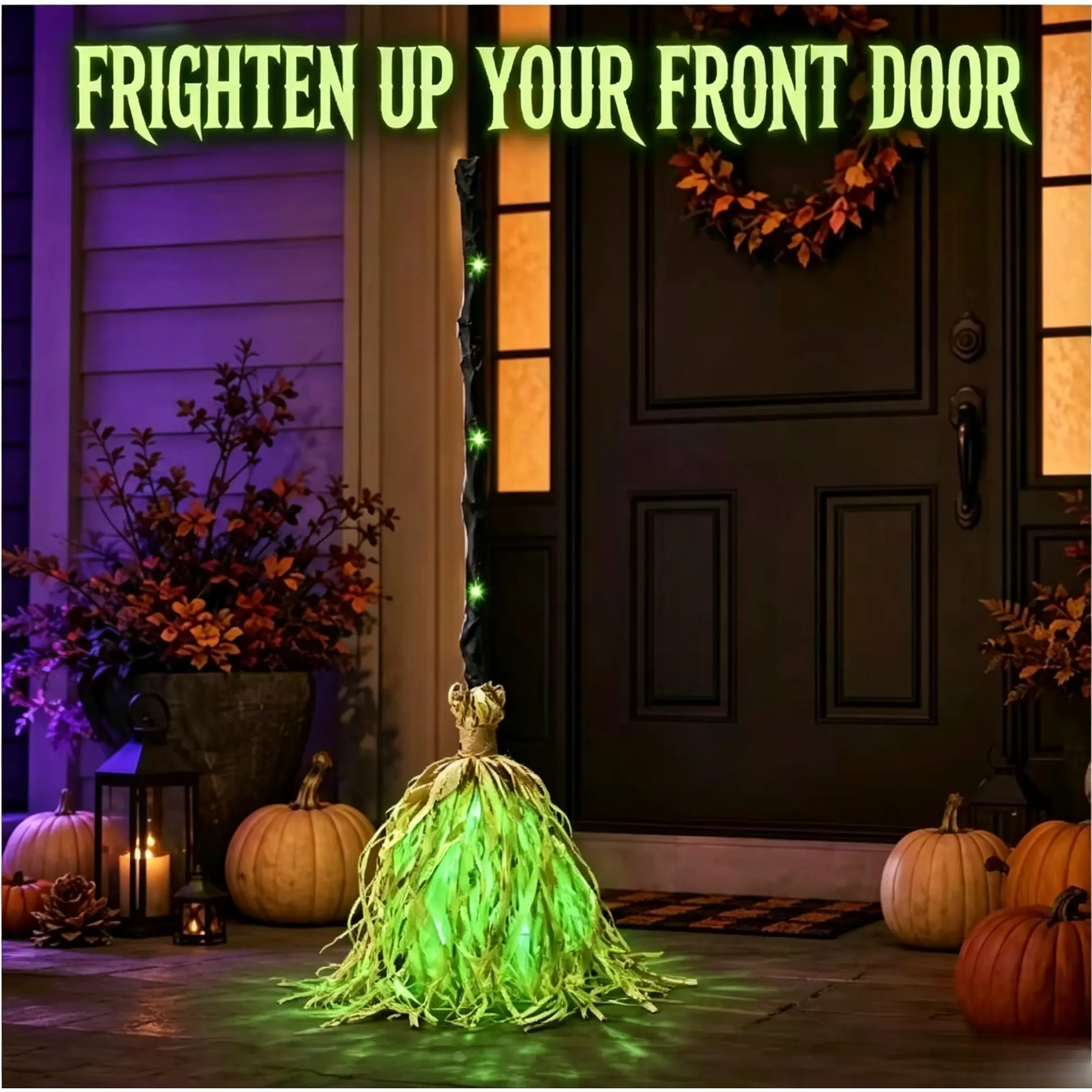 LED Glowing Motion-Activated Musical Raffia Witch Broom Decor, Indoor-Outdoor Halloween Party Ornament, Festive Holiday Home Supplies Gift
