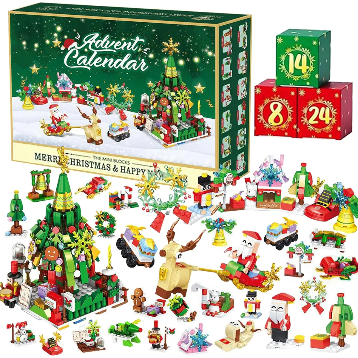 Christmas Advent Calendar Building Blocks | 24 Days Countdown Blind Box, 24-in-1 Xmas Bricks Kit, Santa & Christmas Tree Building Toy, Kids Holiday Gift