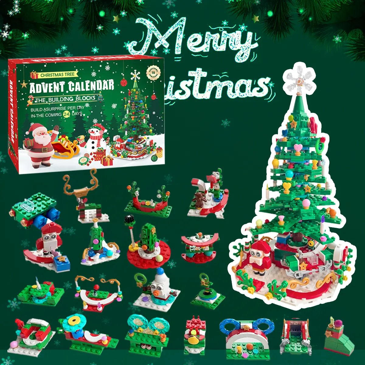 Christmas Advent Calendar Building Blocks | 24 Days Countdown Blind Box, 24-in-1 Xmas Bricks Kit, Santa & Christmas Tree Building Toy, Kids Holiday Gift