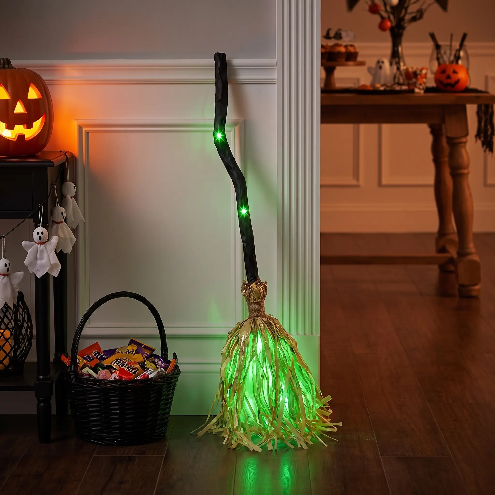 LED Glowing Motion-Activated Musical Raffia Witch Broom Decor, Indoor-Outdoor Halloween Party Ornament, Festive Holiday Home Supplies Gift