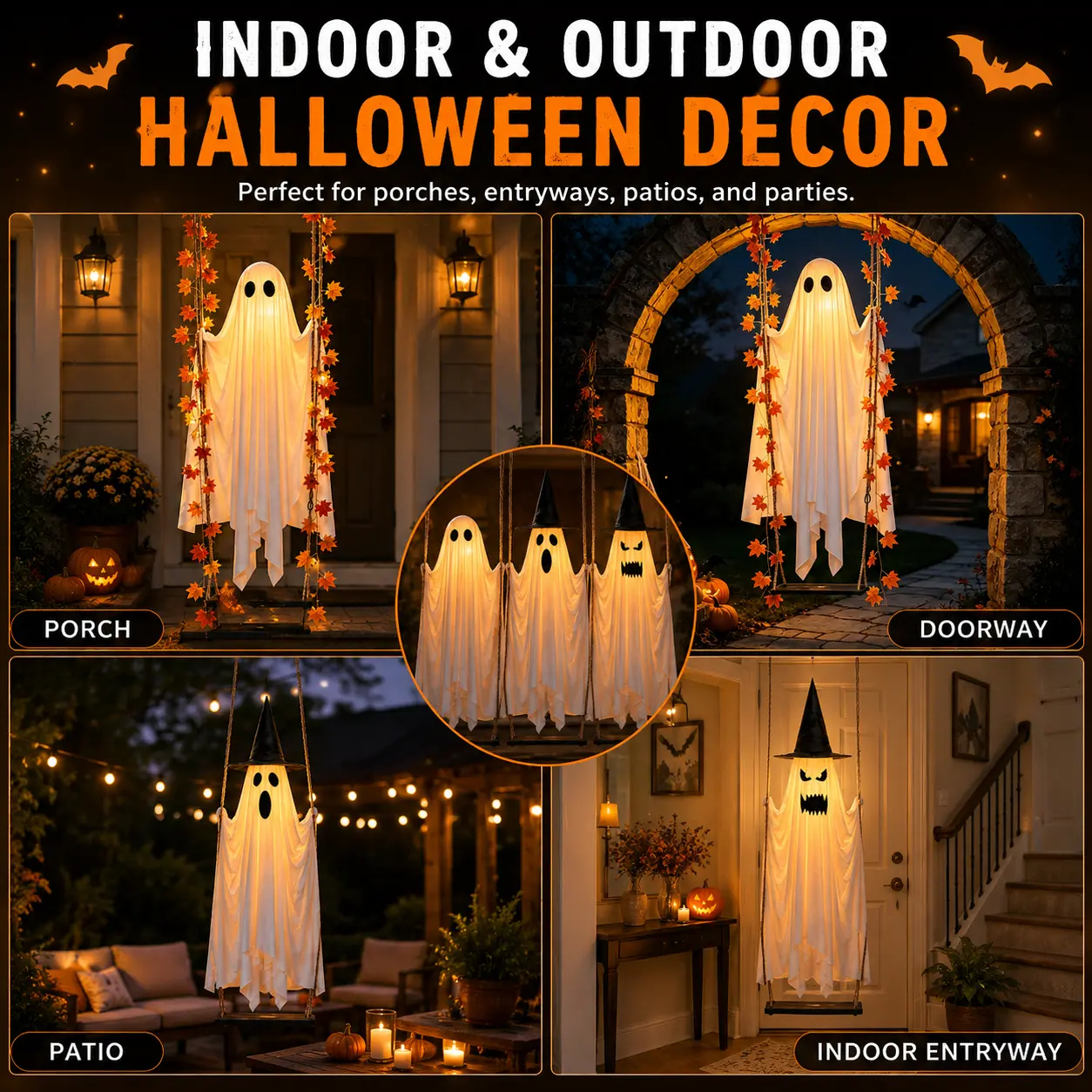 LED Light-Up Swinging Ghost Halloween Decoration with Maple Leaf Garland & Remote Control, Hanging Outdoor Decor for Yd, Porch & Party, Halloween Decorations Outdoor, Party Lighting Decoration