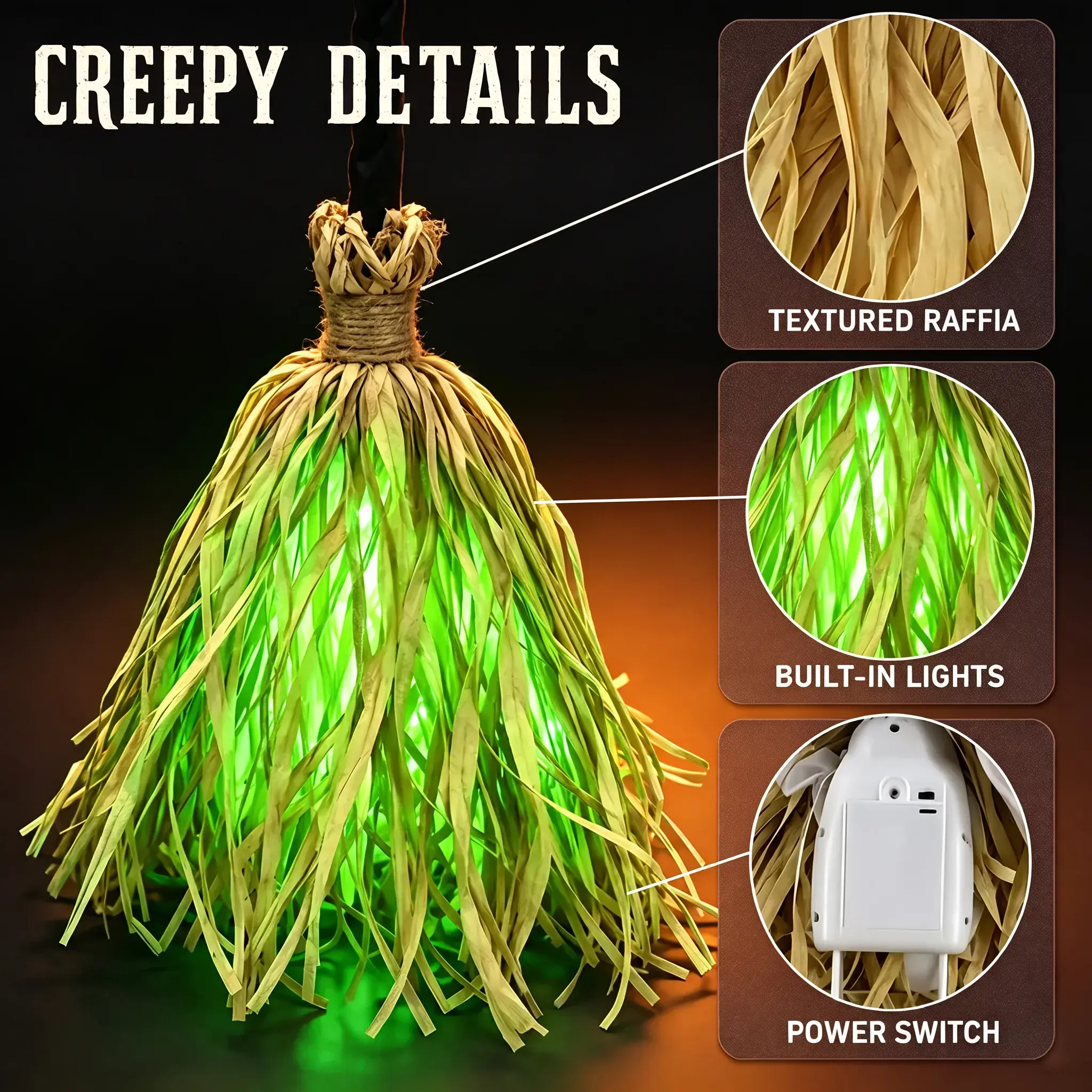 LED Glowing Motion-Activated Musical Raffia Witch Broom Decor, Indoor-Outdoor Halloween Party Ornament, Festive Holiday Home Supplies Gift