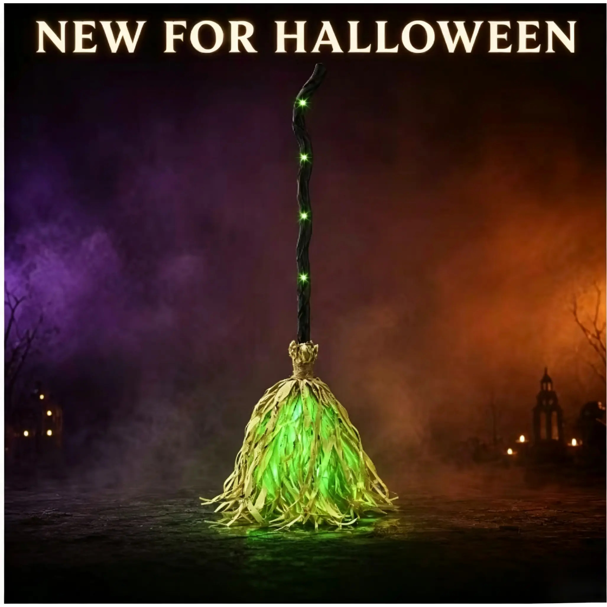 LED Glowing Motion-Activated Musical Raffia Witch Broom Decor, Indoor-Outdoor Halloween Party Ornament, Festive Holiday Home Supplies Gift
