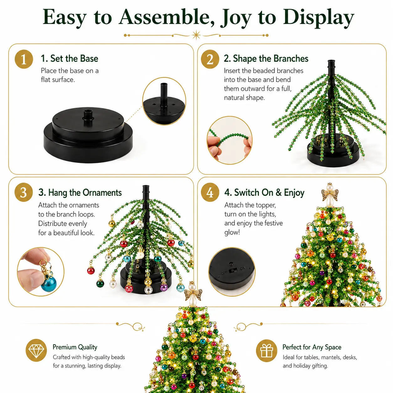 DIY Beaded Christmas Tree Kit, Hand‑Made Mini Crystal Bead Xmas Tree Craft Set, Complete Christmas Decoration Making Supplies with Beads, Angel Tree Topper, Base & Accessories, Tabletop Holiday Ornament, Fun DIY Project, Ideal Christmas Gift for Kids & Fa