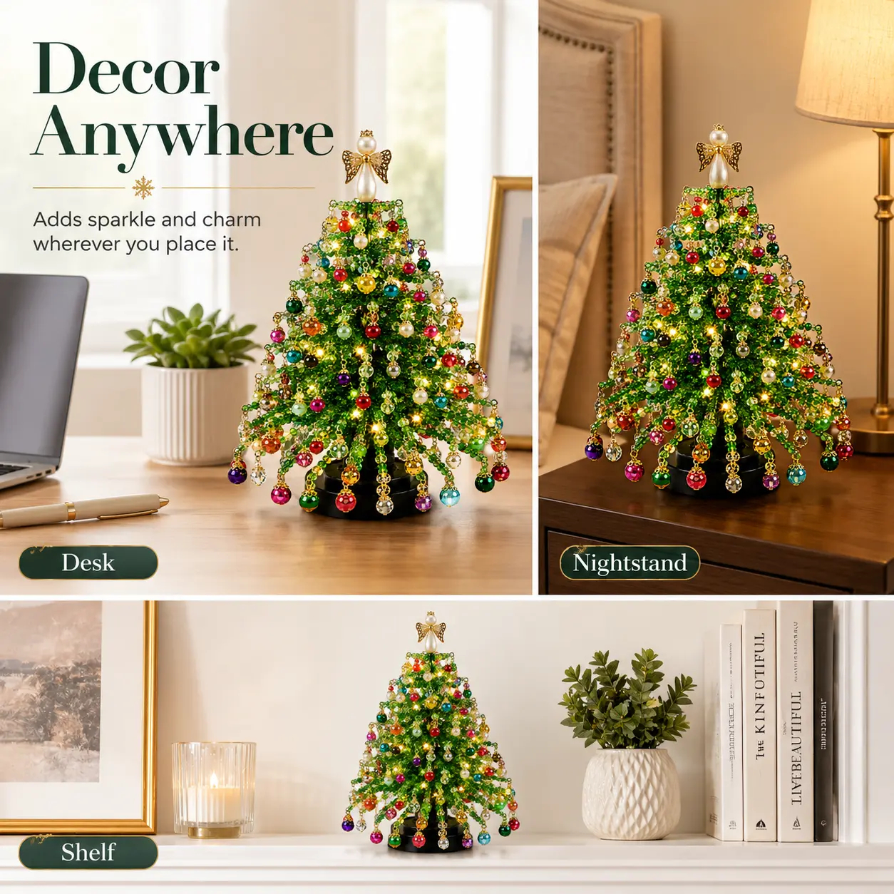 DIY Beaded Christmas Tree Kit, Hand‑Made Mini Crystal Bead Xmas Tree Craft Set, Complete Christmas Decoration Making Supplies with Beads, Angel Tree Topper, Base & Accessories, Tabletop Holiday Ornament, Fun DIY Project, Ideal Christmas Gift for Kids & Fa