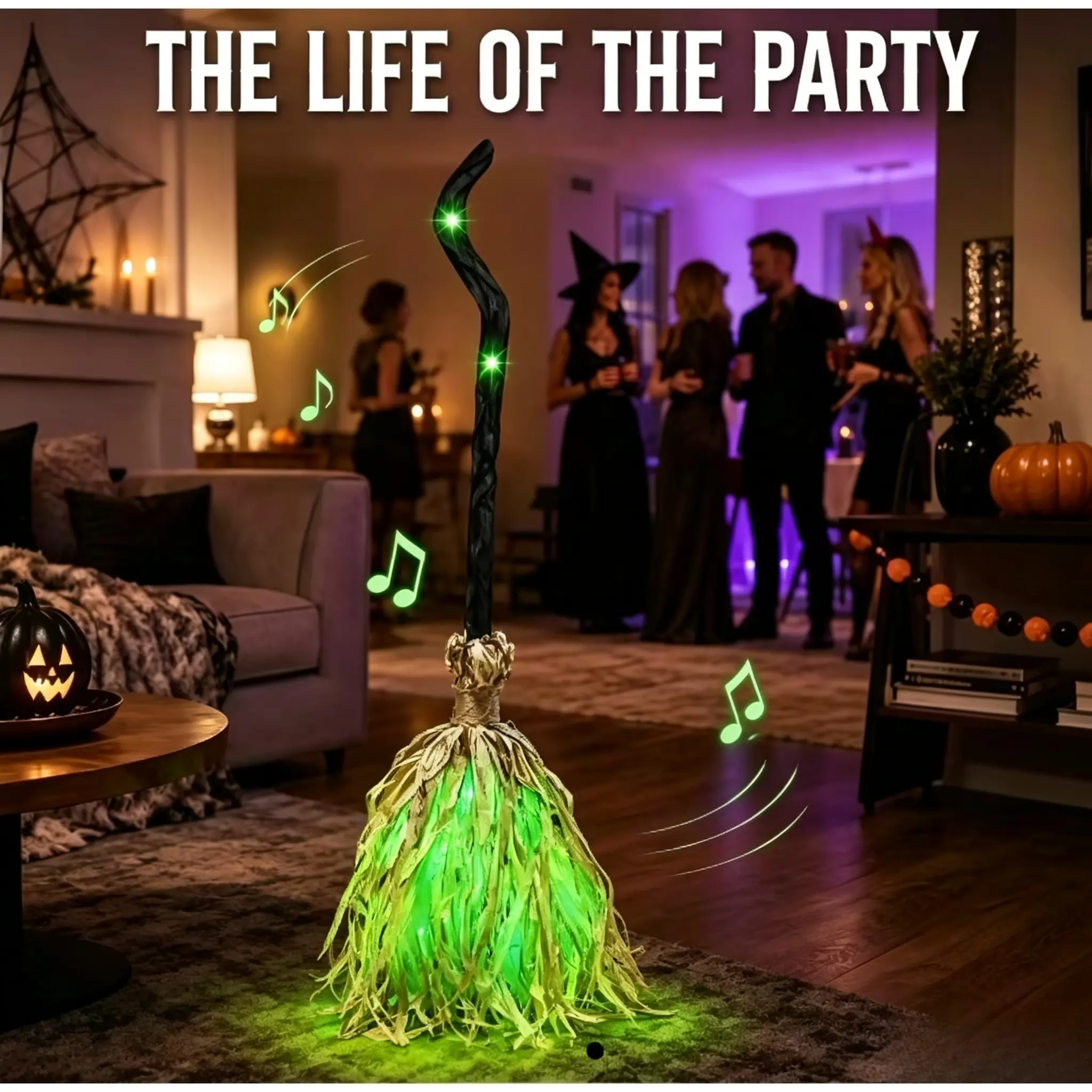 LED Glowing Motion-Activated Musical Raffia Witch Broom Decor, Indoor-Outdoor Halloween Party Ornament, Festive Holiday Home Supplies Gift