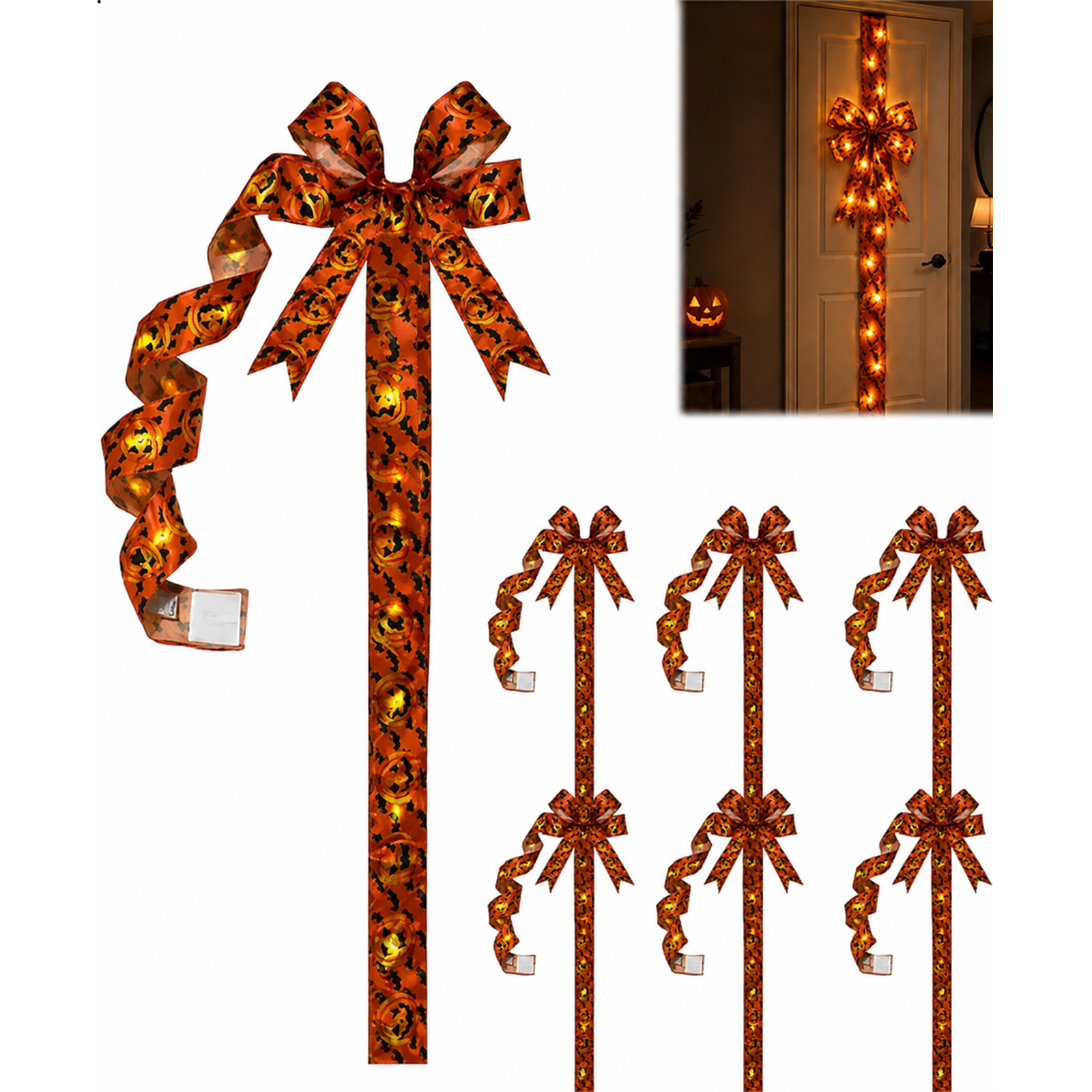 Giant Halloween Light-Up Bow Decoration, Glowing Pumpkin Ribbon Wreath Sash, Bat Bow Tree Topper & Garland, Orange Fall Tassel Skirt for Front Door Indoor Outdoor Party Wall