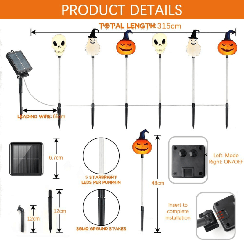 Halloween Solar Path Lights Set (6-Piece) - Outdoor Ghost Faces, Skeleton, Pumpkin Spooky Shapes with Plastic Frame, 8 Lighting Modes, IP65 Waterproof for Lawn, Sidewalk Home & Halloween Decorations