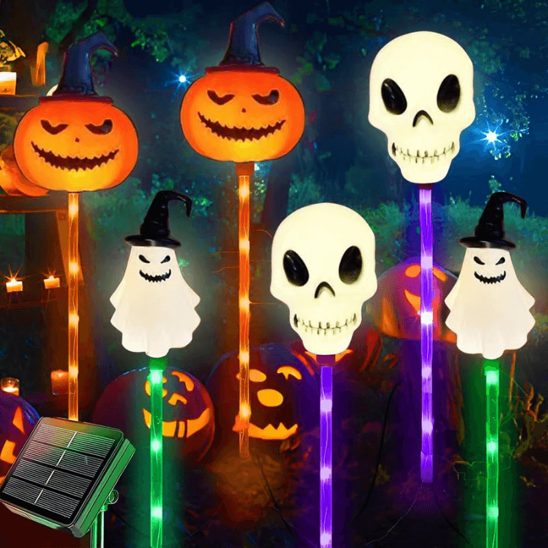 Halloween Solar Path Lights Set (6-Piece) - Outdoor Ghost Faces, Skeleton, Pumpkin Spooky Shapes with Plastic Frame, 8 Lighting Modes, IP65 Waterproof for Lawn, Sidewalk Home & Halloween Decorations