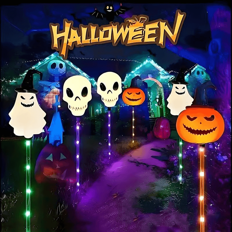 Halloween Solar Path Lights Set (6-Piece) - Outdoor Ghost Faces, Skeleton, Pumpkin Spooky Shapes with Plastic Frame, 8 Lighting Modes, IP65 Waterproof for Lawn, Sidewalk Home & Halloween Decorations