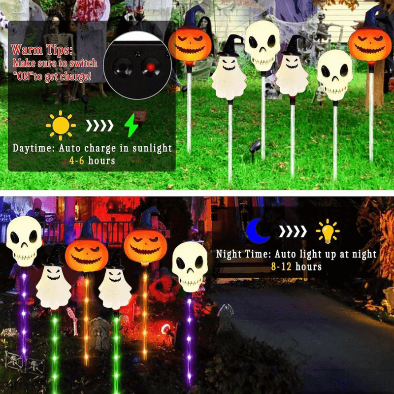 Halloween Solar Path Lights Set (6-Piece) - Outdoor Ghost Faces, Skeleton, Pumpkin Spooky Shapes with Plastic Frame, 8 Lighting Modes, IP65 Waterproof for Lawn, Sidewalk Home & Halloween Decorations