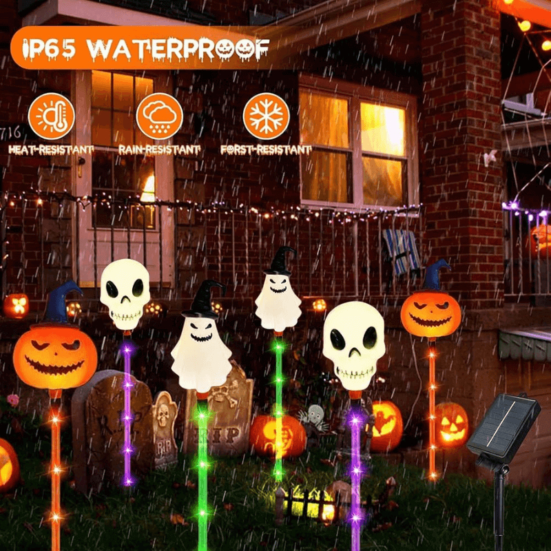 Halloween Solar Path Lights Set (6-Piece) - Outdoor Ghost Faces, Skeleton, Pumpkin Spooky Shapes with Plastic Frame, 8 Lighting Modes, IP65 Waterproof for Lawn, Sidewalk Home & Halloween Decorations