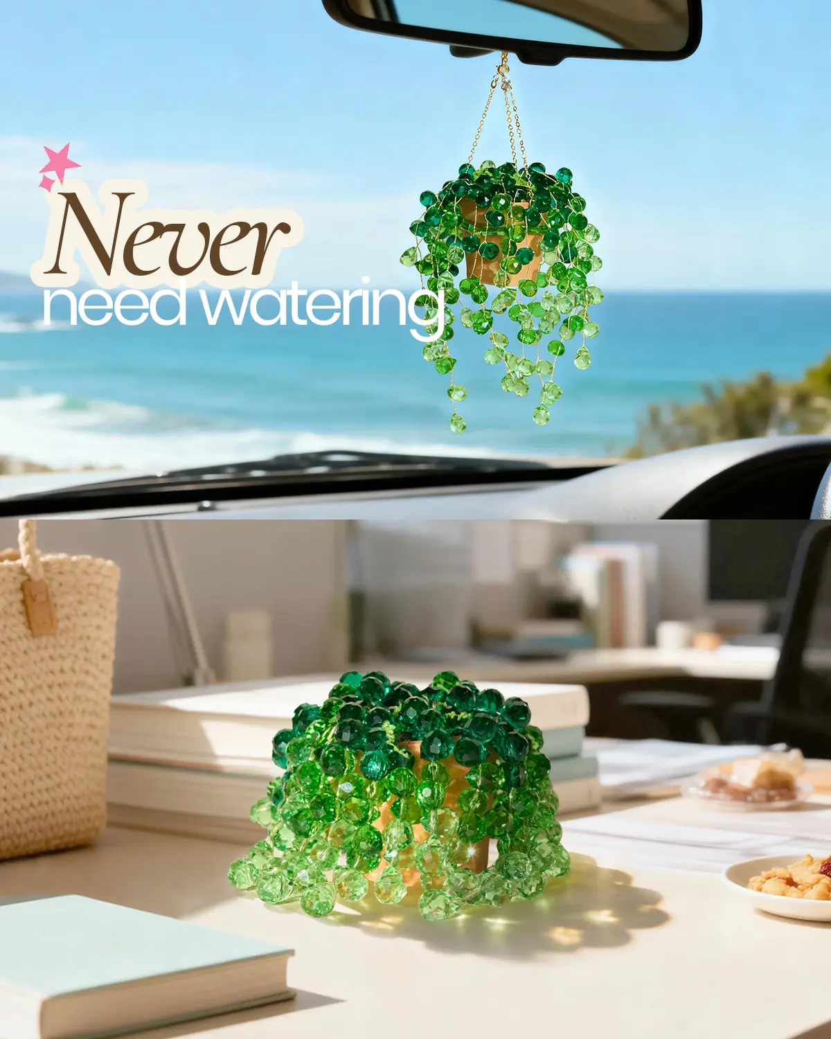 Beaded Plant Kit, DIY Hanging Suncatcher Craft Kit with Glass Crystal Beads, Pot, Chain, Faux Moss, Air Dry Clay, Instruction Booklet & Video Tutorial, Tabletop or Window Decor Gift