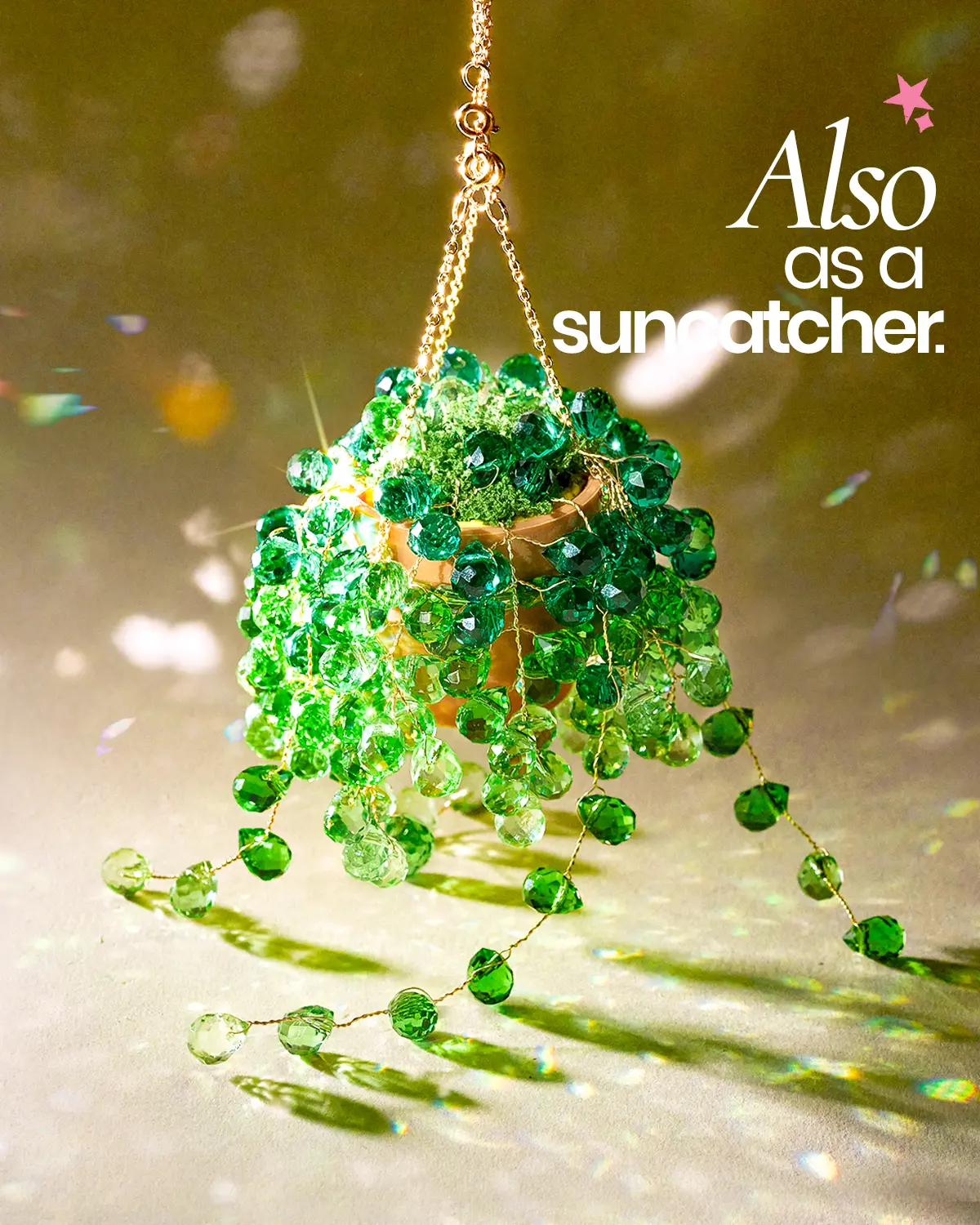 Beaded Plant Kit, DIY Hanging Suncatcher Craft Kit with Glass Crystal Beads, Pot, Chain, Faux Moss, Air Dry Clay, Instruction Booklet & Video Tutorial, Tabletop or Window Decor Gift