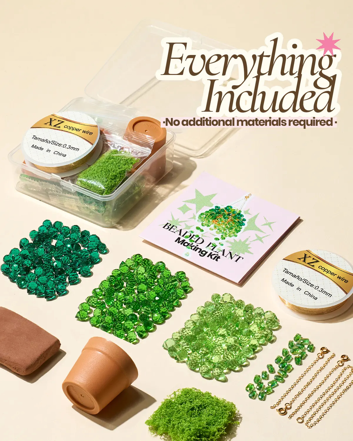 Beaded Plant Kit, DIY Hanging Suncatcher Craft Kit with Glass Crystal Beads, Pot, Chain, Faux Moss, Air Dry Clay, Instruction Booklet & Video Tutorial, Tabletop or Window Decor Gift