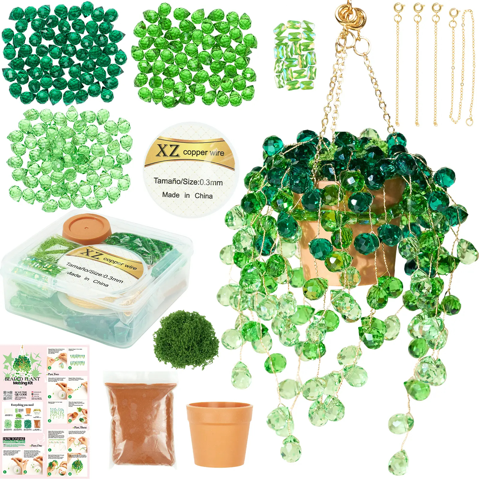 Beaded Plant Kit, DIY Hanging Suncatcher Craft Kit with Glass Crystal Beads, Pot, Chain, Faux Moss, Air Dry Clay, Instruction Booklet & Video Tutorial, Tabletop or Window Decor Gift