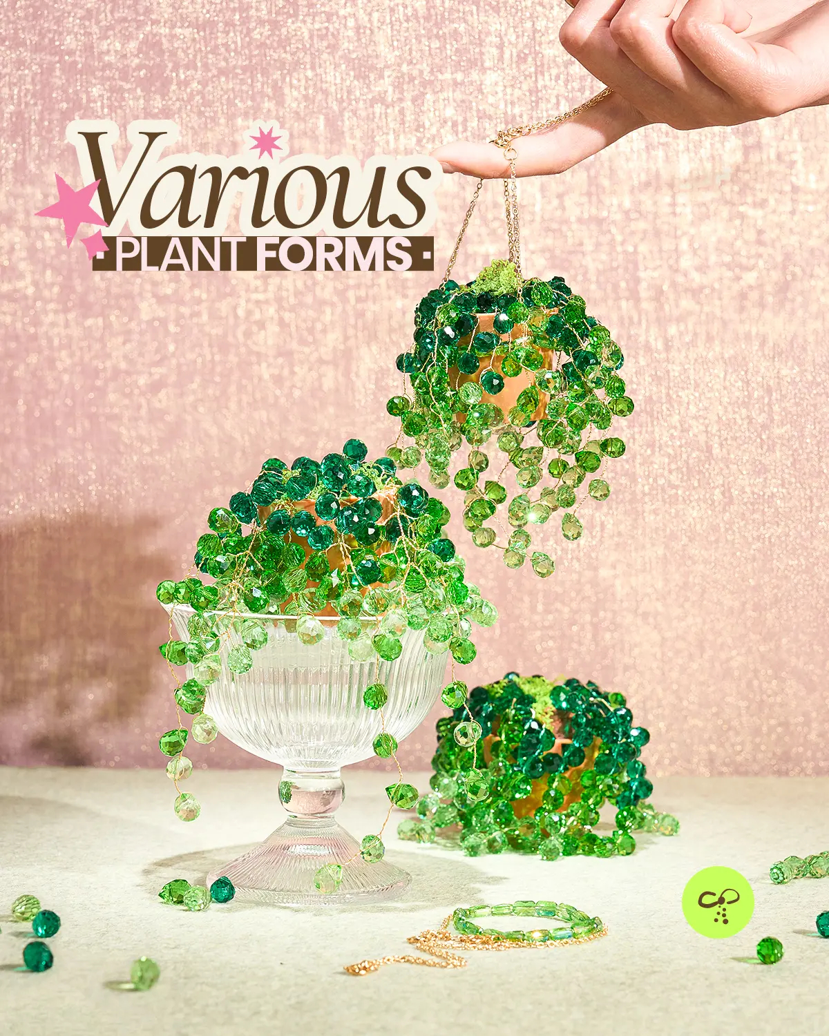 Beaded Plant Kit, DIY Hanging Suncatcher Craft Kit with Glass Crystal Beads, Pot, Chain, Faux Moss, Air Dry Clay, Instruction Booklet & Video Tutorial, Tabletop or Window Decor Gift