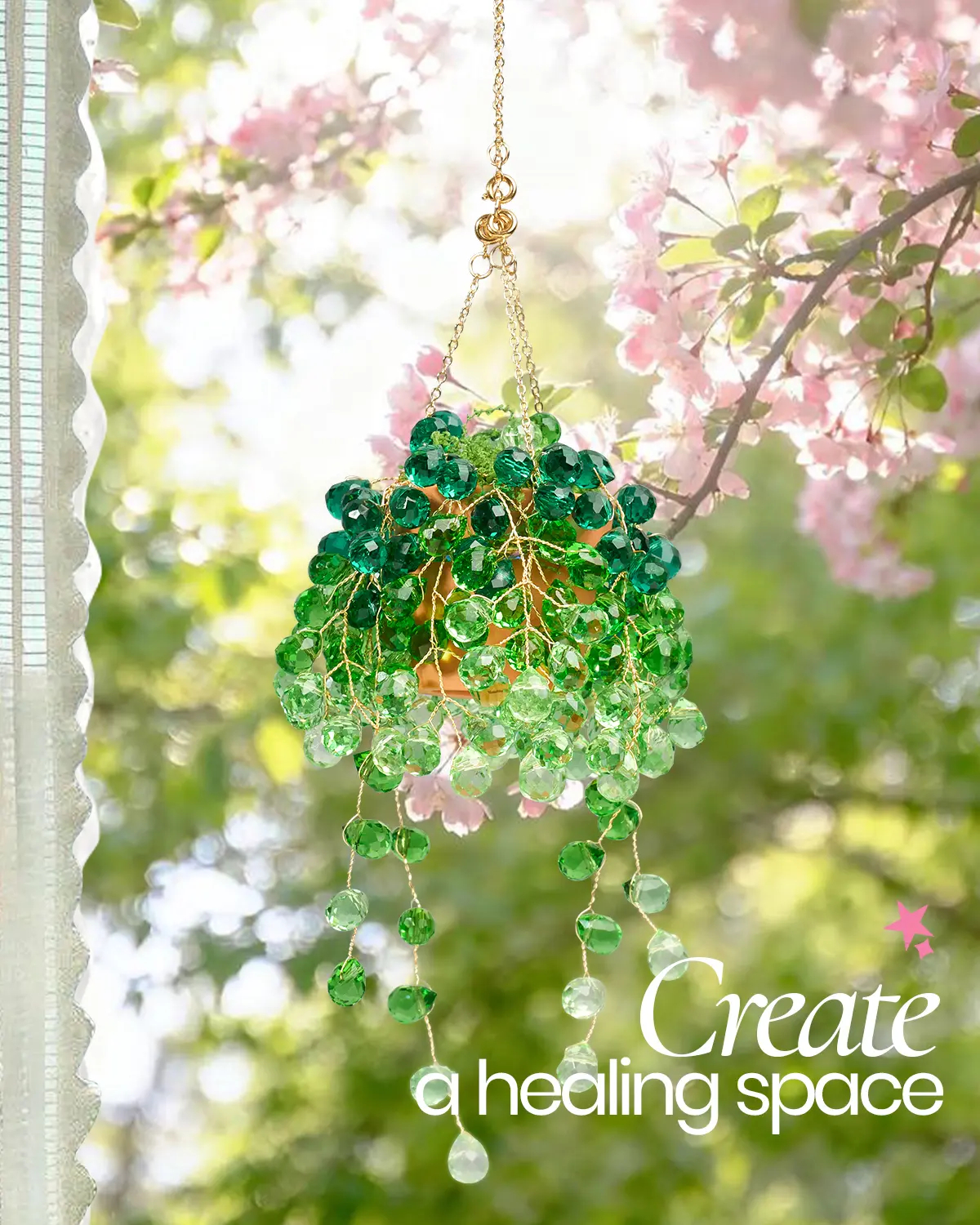 Beaded Plant Kit, DIY Hanging Suncatcher Craft Kit with Glass Crystal Beads, Pot, Chain, Faux Moss, Air Dry Clay, Instruction Booklet & Video Tutorial, Tabletop or Window Decor Gift